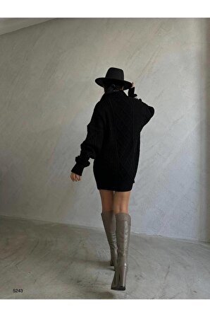 Kadın Siyah Oversize Boğazlı Yaka Örgü Mini Elbise