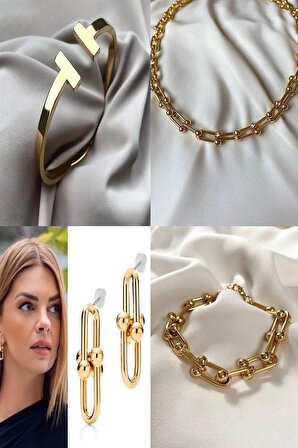 Altın Renk Tiffany  Blanca Kombin Set Kolye, Bileklik, Kelepçe Ve Küpeden Oluşan Kombin Ürün 