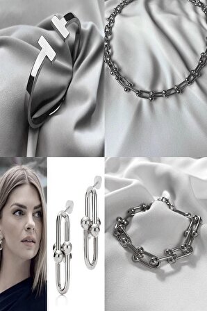 Gümüş Renk Tiffany  Blanca Kombin Set Kolye, Bileklik, Kelepçe Ve Küpeden Oluşan Kombin Ürün 