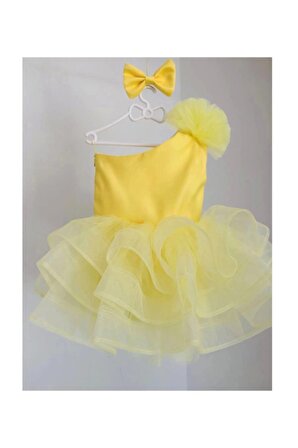 Kız Çocuk Sarı Saten Grenli Tek Omuz Kabarık Elbise