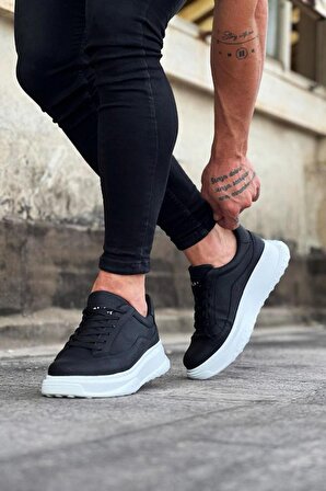 Xramburada Kalın Yüksek Taban Siyah Beyaz Bağcıklı Spor Erkek Ayakkabı