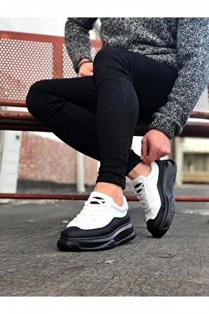 Xramburada Kalın Yüksek Taban Beyaz Siyah Bağcıklı Spor Erkek Ayakkabı