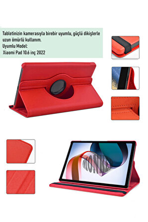 Monker Xiaomi Redmi Pad 10.6 inç Uyumlu Kırmızı Tablet Kılıfı Dönebilen Standlı Suni Deri
