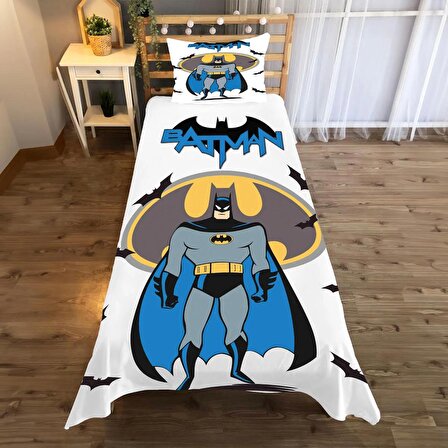 Beyaz Batman Desenli Yatak örtüsü ve yastık kılıfı 2li takımı