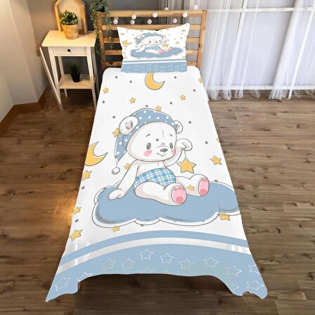 KIDS Bulutta Uyuyan Bebek Ayı Desenli Yatak örtüsü ve yastık kılıfı 2li takımı