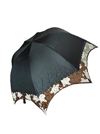 Simli Gül Işlemeli Kadın Şemsiye Siyah