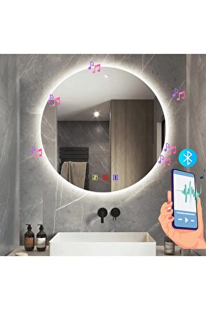 90 cm (çap) Bluetoothlu Buğu Çözücülü Dokunmatik Işıklı Ledli Yuvarlak Banyo Aynası