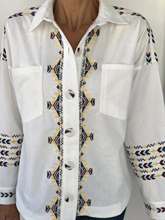 Ekru Renk Patı Kol Omuz ve Sırt Nakış İşlemeli Cepli Ceket Gömlek - 5196