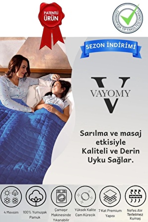 Vayomy Ağırlıklı Battaniye Tek Kişilik Yorgan 8 Kg Mavi 155x215 %100 Pamuk 4 Mevsim Kullanılabilir