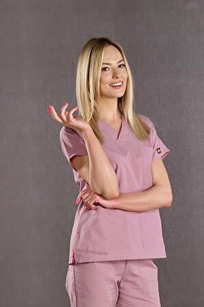 Gül Kurusu Likralı Doktor Hemşire Forması Scrubs Dr Greys Takım (Esnek Kumaş)