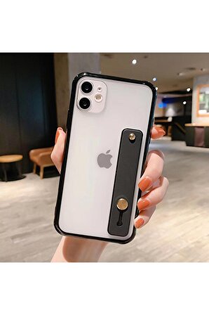 İphone 12 Pro Ele Takma Detaylı Kamera Koruyuculu Pembe Çerçeveli Kayışlı Şeffaf Kılıf