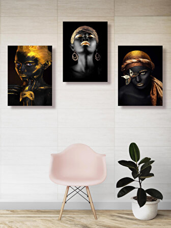 Dekoratif Siyahi Kadınların Gold İle Uyumlu Güzelliklerini Görselleyen 3 lü Tablo Seti