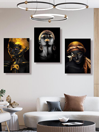 Dekoratif Siyahi Kadınların Gold İle Uyumlu Güzelliklerini Görselleyen 3 lü Tablo Seti