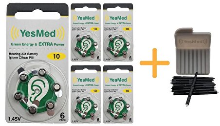 YesMed Extra Power 10 Numara İşitme Cihazı Pili (5 Paket x 6 Adet = 30 Adet Pil) + HEDİYE YesMed WaxStop Filtre