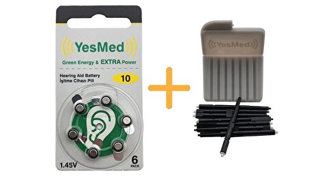 YesMed Extra Power 10 Numara İşitme Cihazı Pili (1 Paket = 6 Adet Pil) + HEDİYE YesMed WaxStop Filtre