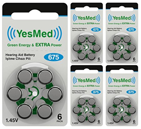YesMed Extra Power 675 Numara İşitme Cihazı Pili (5 Paket x 6 Adet = 30 Adet Pil)
