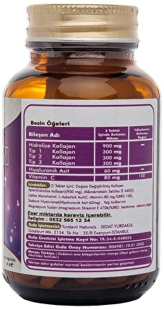 Yurdavit Hidrolize Kolajen Tip 1-2-3 50 Tablet Hyaluronik Asit C Vitamini Hydrolyzed Collagen 