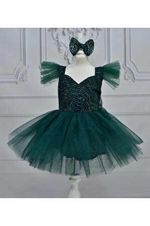 Kız Çocuk Zümrüt Yeşili Parıltılı Askılı Kabarık Tütülü Elbise