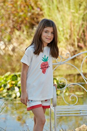Ekru Kız Çocuk T-shirt Şort Pijama Takımı