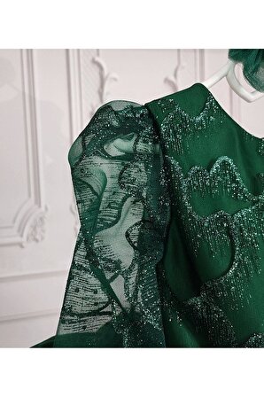 Kız Çocuk Zümrüt Yeşili Üst Parıltılı Etek Grenli Uzun Kol Kabarık Abiye Elbise