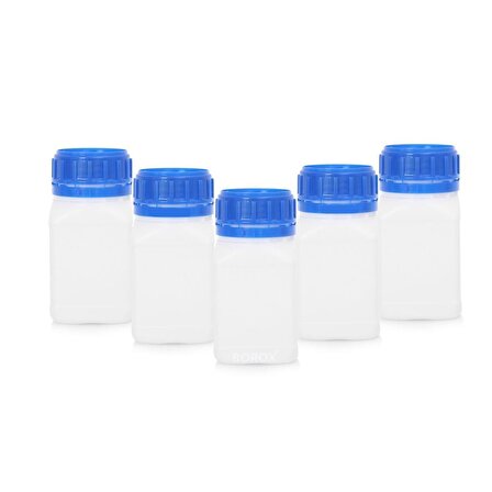 Plastik Kare Şişe 250 ml - Mavi Kapaklı Şişe 5 Adetlik Set