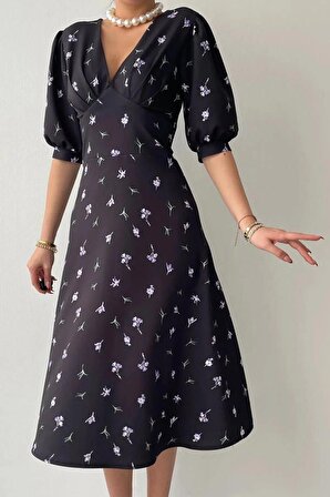 Zishan Fashion Kadın Kloş Kesim Atlas Kumaş V Yaka Kısa Balon Kollu Midi Boy Çiçek Desenli Siyah Elbise 153