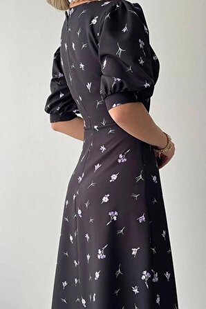 Zishan Fashion Kadın Kloş Kesim Atlas Kumaş V Yaka Kısa Balon Kollu Midi Boy Çiçek Desenli Siyah Elbise 153