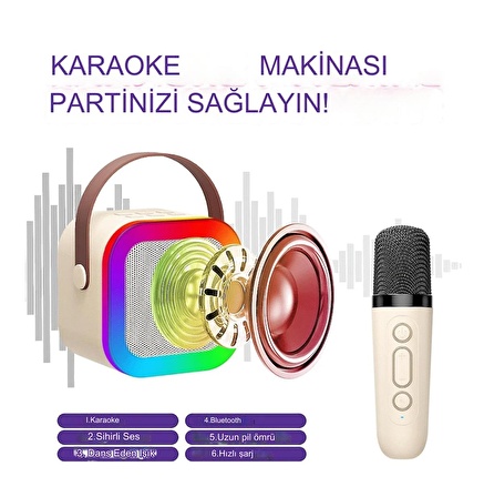 Rgb Işıkl Mikrofonlu Taşınabilir Bluetooth Hoparlör Kablosuz Karaoke Müzik Eğlence  KARAOKE Hoparlör KREM