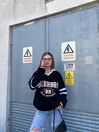 Sokak Tarzı SİYAH Beerbro Nakışlı Kabartma Sweatshirt