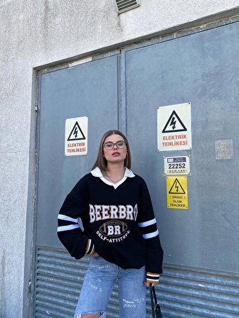 Sokak Tarzı SİYAH Beerbro Nakışlı Kabartma Sweatshirt