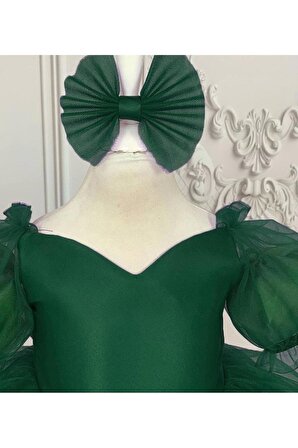 Kız Çocuk Zümrüt Yeşili Kısa Balon Kol Kabarık Elbise
