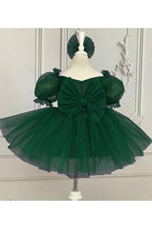 Kız Çocuk Zümrüt Yeşili Kısa Balon Kol Kabarık Elbise