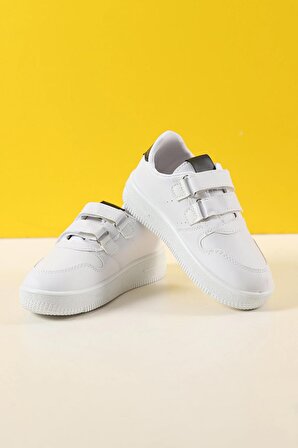 Günlük Hafif Cırtlı Beyaz Siyah Çocuk Spor Ayakkabı Sneaker