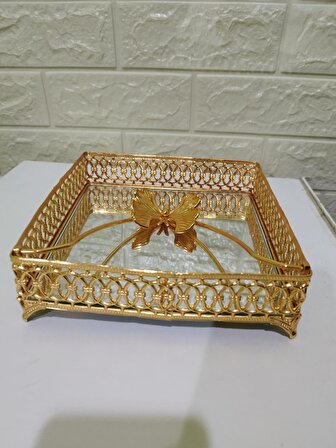 Kelebek Model Aynalı Peçetelik Paslanmaz Çelik Lüks Peçete Kutusu Gold İşlemeli