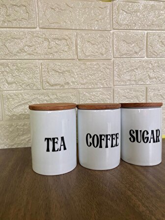 3'lü Bambu Kapaklı Porselen 800ml Tea/Coffee/Sugar Çay Kahve Şeker Kavanoz Seti