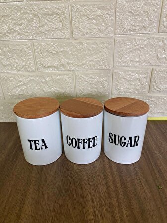 3'lü Bambu Kapaklı Porselen 800ml Tea/Coffee/Sugar Çay Kahve Şeker Kavanoz Seti