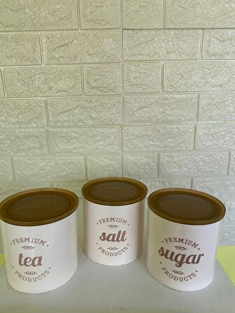 3'lü Vakumlu Kapaklı Porselen 1000 ml Tea/Salt/Sugar Çay Tuz Şeker Kavanoz Seti