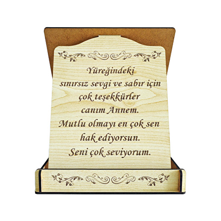 Anneler Günü Kapaklı Ahşap Tebrik Plaketi (Hediye Kutusu) Lazer Kazıma Güzel Sözler (Kişiye Özel)