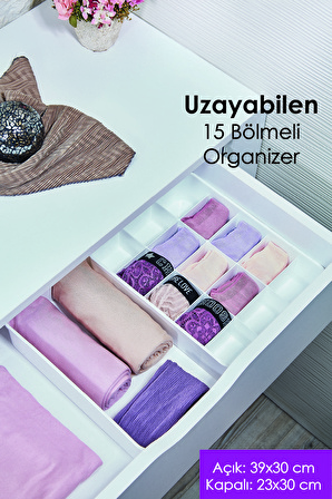 Uzayabilen Ayarlanabilen 15 Bölmeli Çekmece Içi Düzenleyici Organizer Beyaz Renk