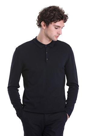 Lacivert Regular Fit Düz Polo Yaka Yünlü Triko Kazak | L