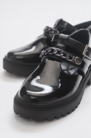 Mnpc Kız Çocuk Siyah Rugan Rugan Deri Anatomik Kolej Ayakkabı