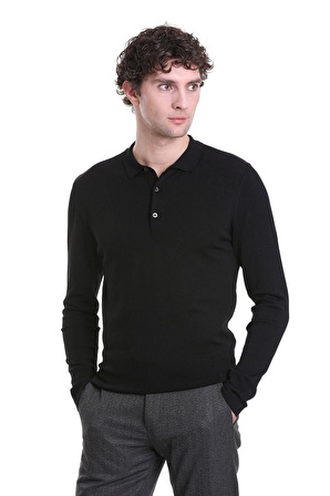 Siyah Regular Fit Düz Polo Yaka Yünlü Triko Kazak | S