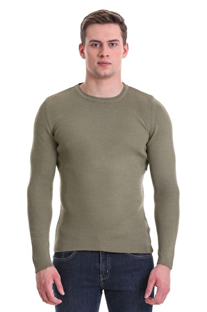 Yeşil Slim Fit Fitilli Bisiklet Yaka Yünlü Triko Kazak | L
