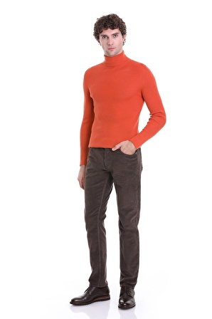 Turuncu Slim Fit Fitilli Balıkçı Yaka Yünlü Triko Kazak | M
