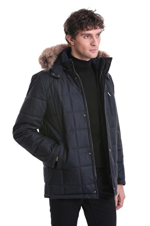 Lacivert Slim Fit Düz Hakim Yaka Kürklü Kapüşonlu Kaban | M