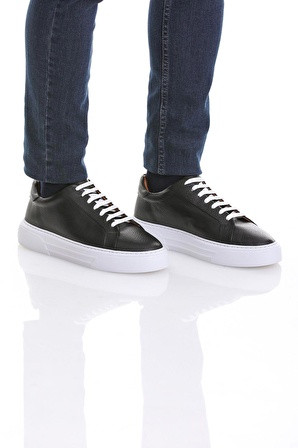 Siyah Casual Bağcıklı Deri Sneakers | 40