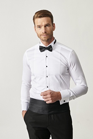 Erkek Beyaz Beyaz Damatlık Ata Yaka Tailored Slim Fit Dar Kesim Gömlek