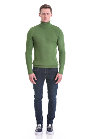 Yeşil Slim Fit Fitilli Balıkçı Yaka Yünlü Triko Kazak | L