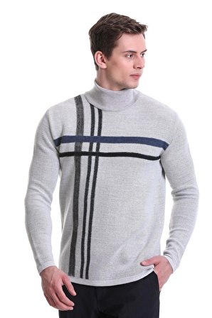 Gri Comfort Fit Desenli Balıkçı Yaka Yünlü Triko Kazak | XL