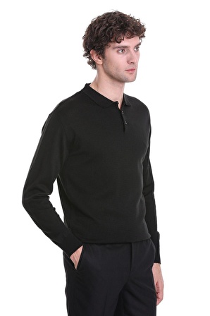 Siyah Regular Fit Düz Polo Yaka Triko Kazak | S